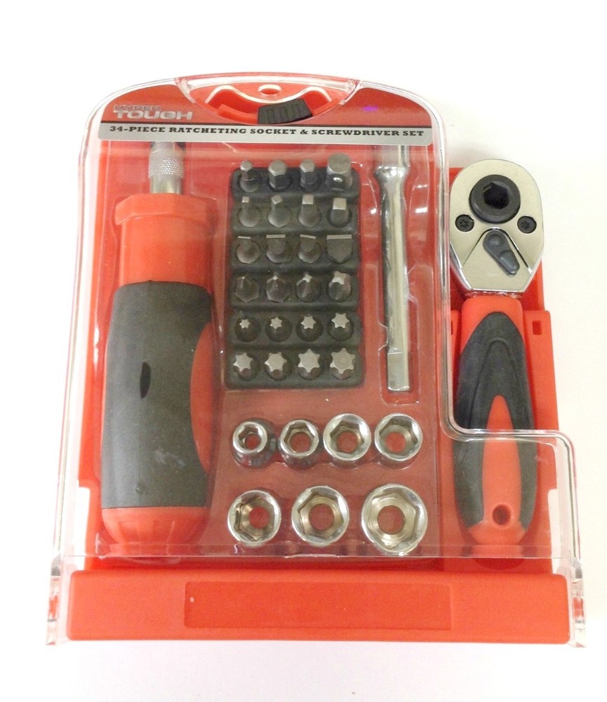 Handy 34pc Ratcheting Tool Set with Stubby Ratchet Handle Socket Bits and Driver