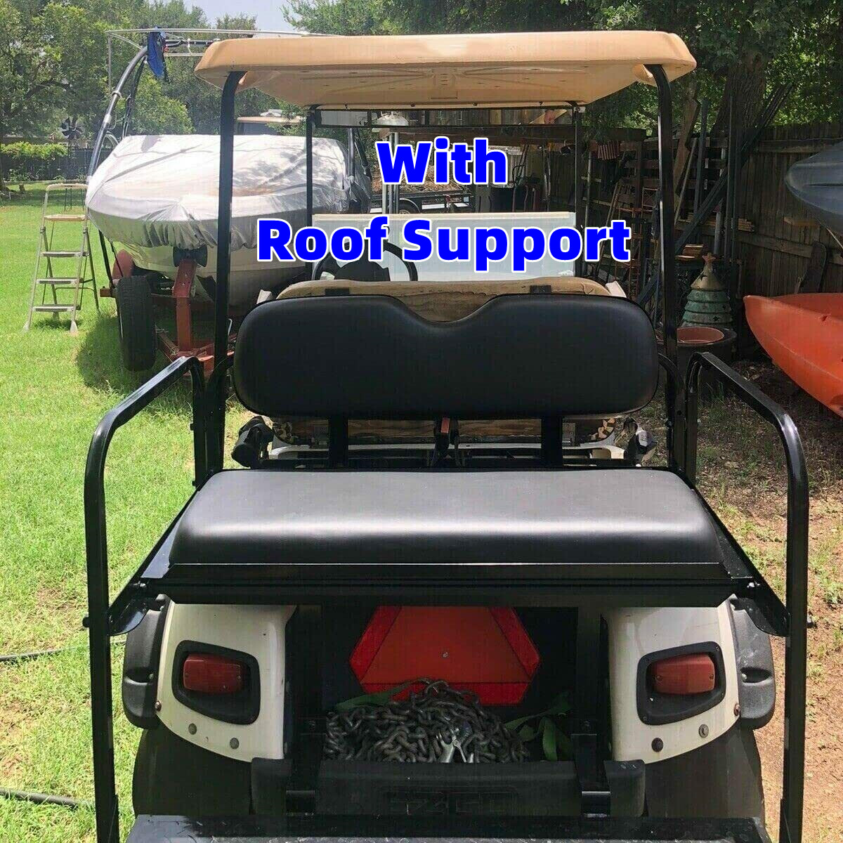 For EZGO TXT Golf Cart Flip Folding Rear Back Seat with Roof Support Kit - Black