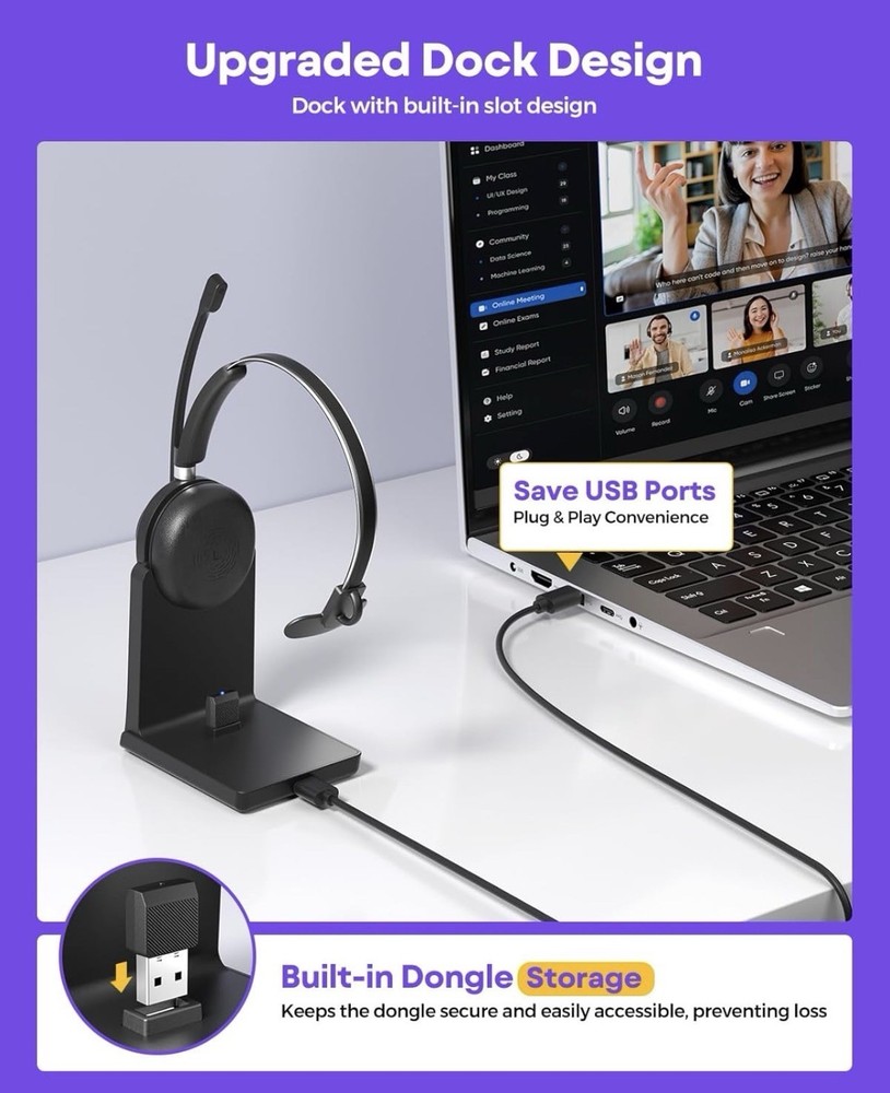 Rownfusny Wireless Headset with Mic for Work, Clear Sound ＆ Comfortable Compu...