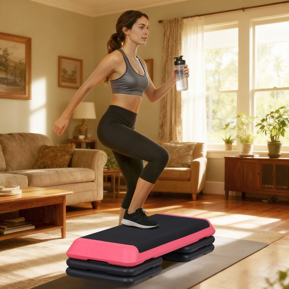 Aerobic Exercise Step Platform with 4''-6''-8'' Adjustable Risers Indoor Pink