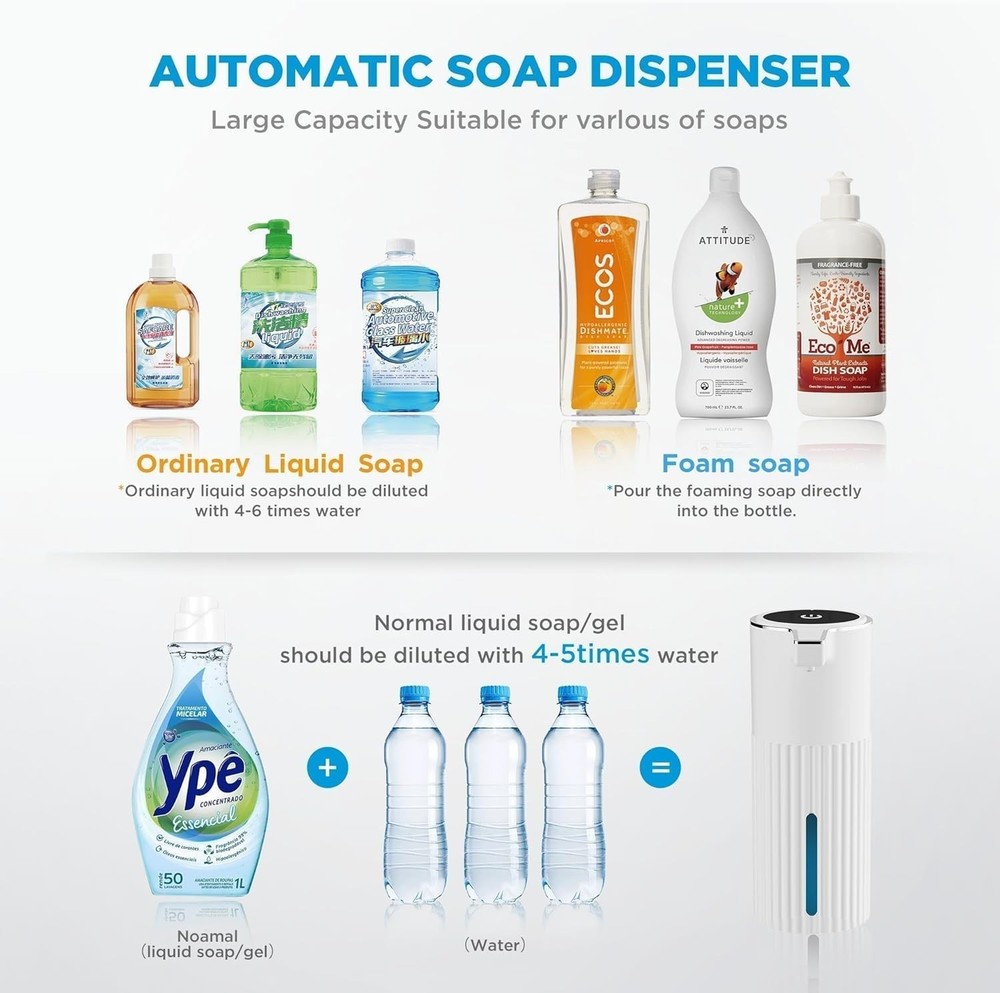 Automatic Soap Dispenser Foaming Touchless:14.2oz White Plastic - Rechargeabl...