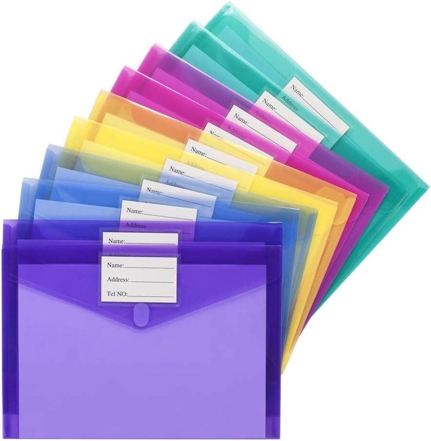 Durable 10-Pack Clear Plastic Envelopes - Safe Closure & Colorful Label Pockets