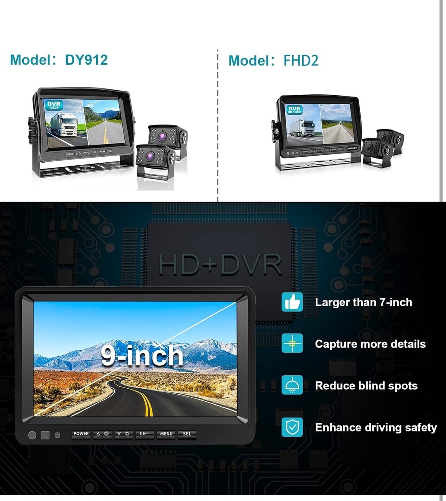 Ⅱ HD 1080P 9" Wired Backup Camera System, 9-inch DVR Dual Split Screen Monito...