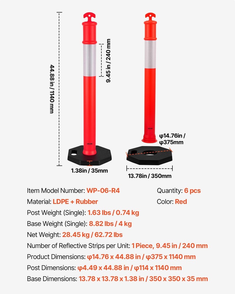 48" 6-Pack Delineator Posts with Weighted Base & Reflective Strips - Red