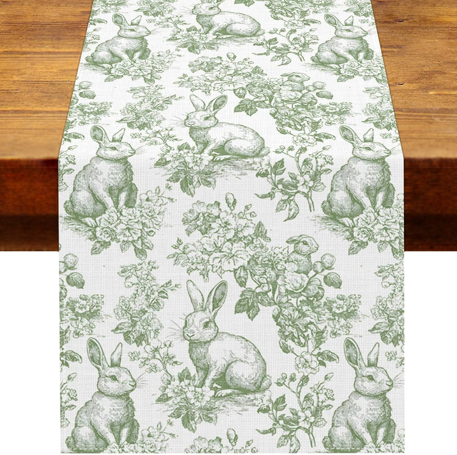 Chinoiserie Easter Table Runner Toile De Jouy Vintage Green and White Bunny Spri