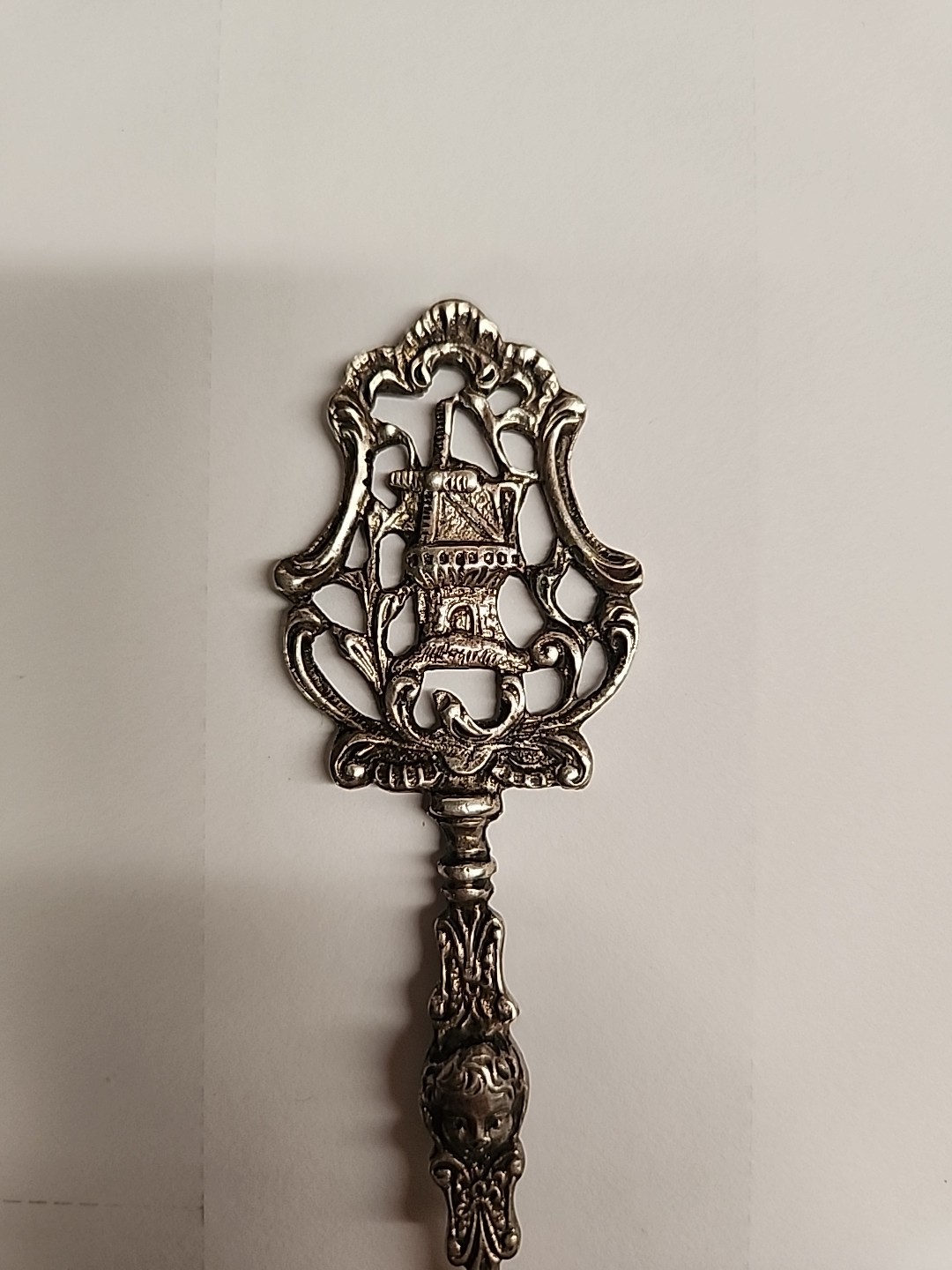 Antique Dutch Silver Tea Strainer / Spoon - Windmill & Ship Finial - 30.74g , 6"