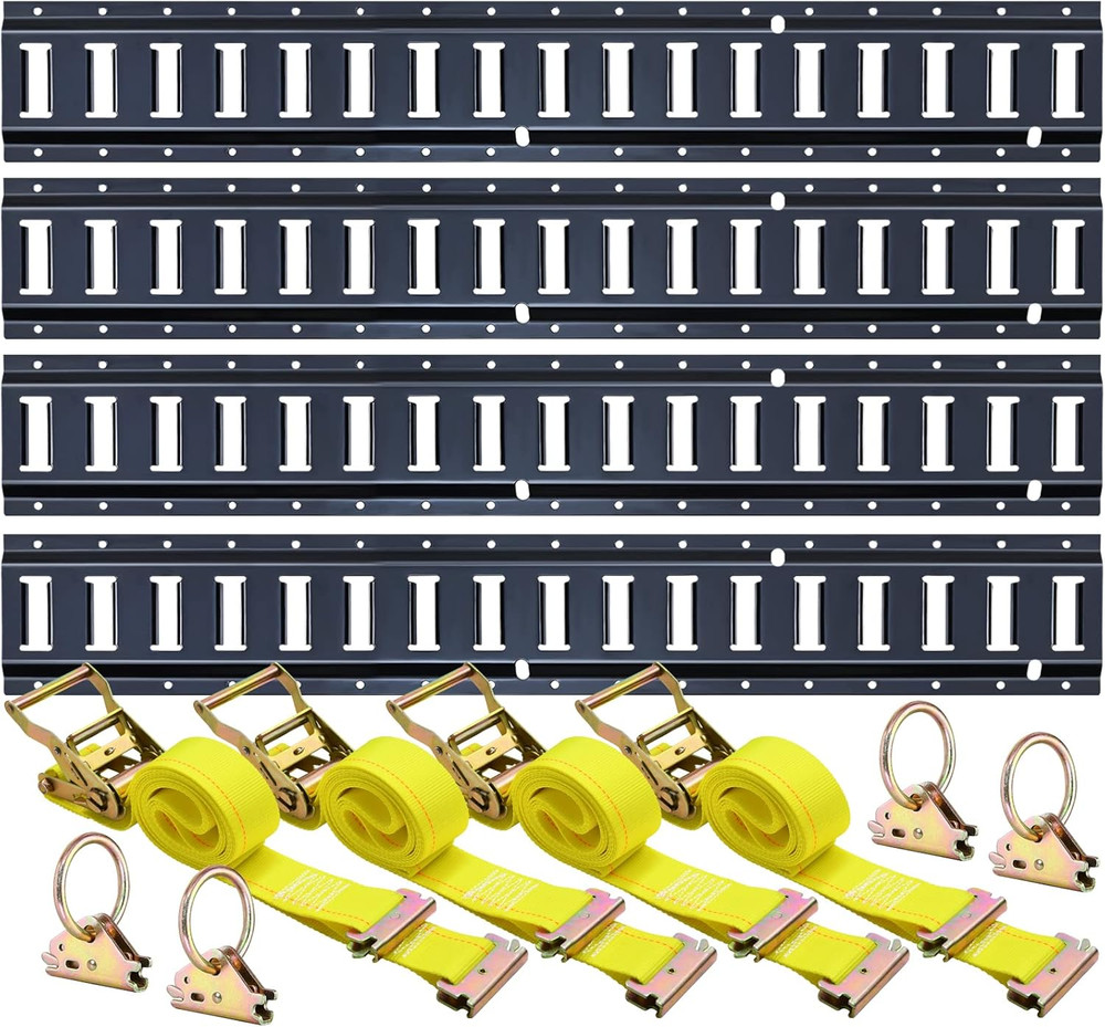 E Track Rails Tie-Down Kit -12 Pieces: 4 Pack 5Ft Etrack Rails, 4 E-Track Straps