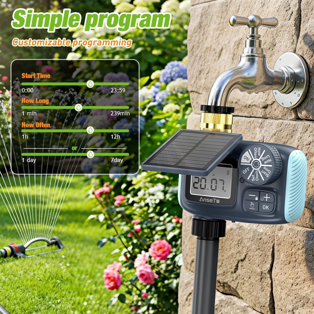 Solar Sprinkler Timer, Solar & Type-C Rechargeable Water Timer for Garden Hose