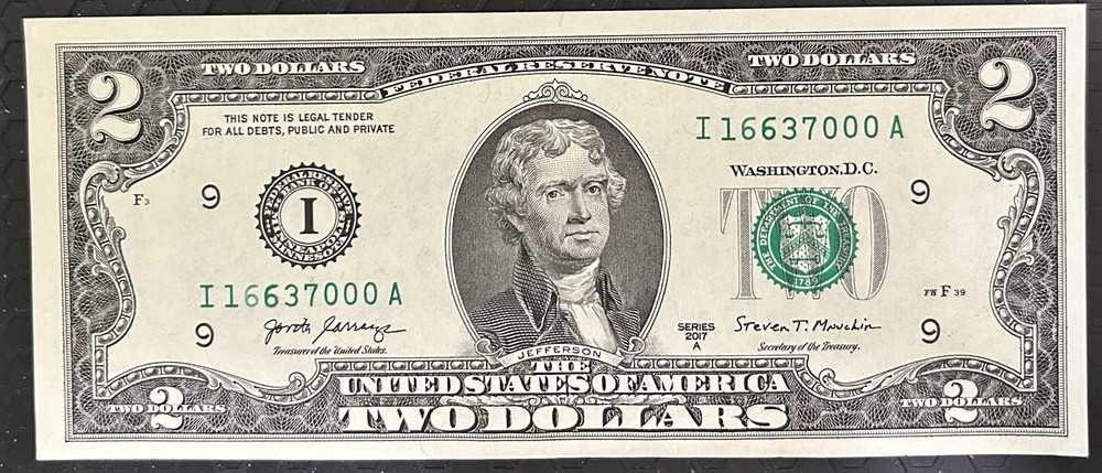 2017A Error Note U.S. Two Dollar Bill under inked / over inked 6’s lower S/N