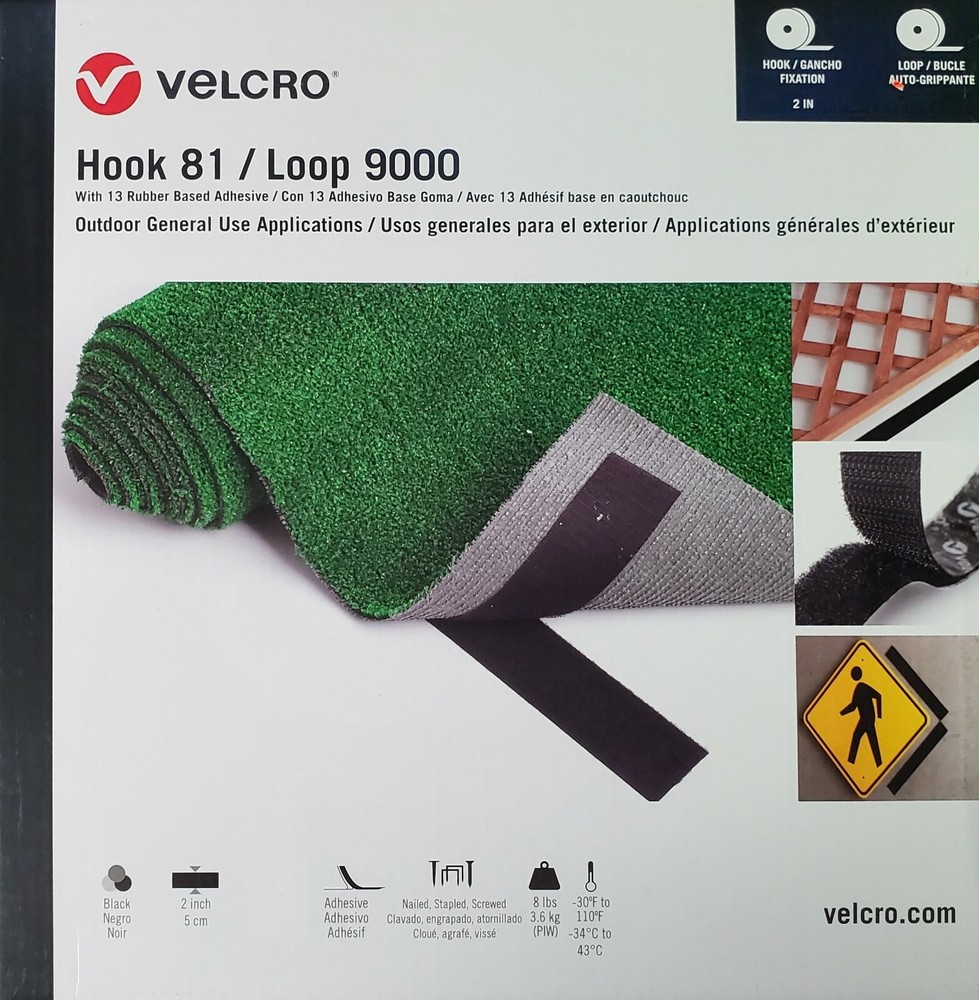 Black VELCRO® Brand 2" × 12" Hook 81 & Loop 9000 Outdoor - Rubber Based Adhesive