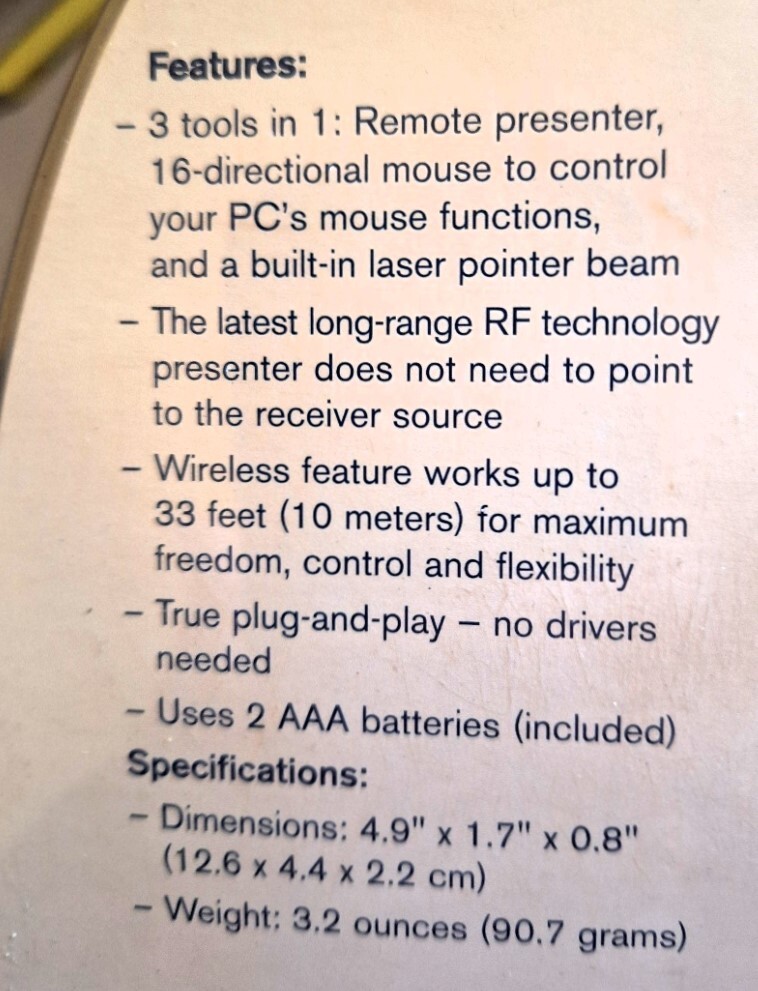 Wireless Mouse Presenter w/Laser Pointer 33 Foot Range Targus PAUM30U NIP