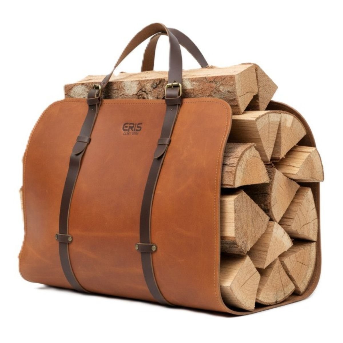 Leather Cognac Brown Firewood Carrier with Fireplace Log Tote