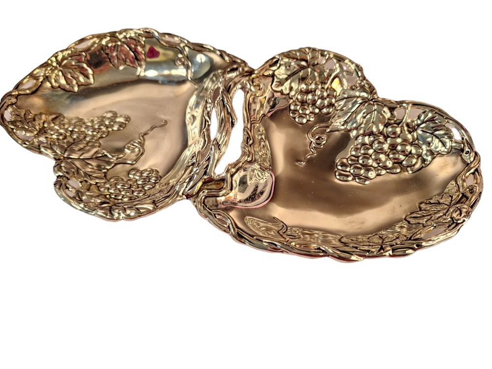 Godinger Silver Plated Double Heart Dish Grape Design Decor Gift