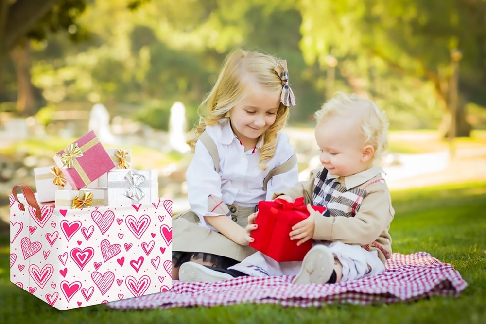 CLOCOR Rectangular Heart Printed Valentine's Day Basket Empty, Gift Basket, W...