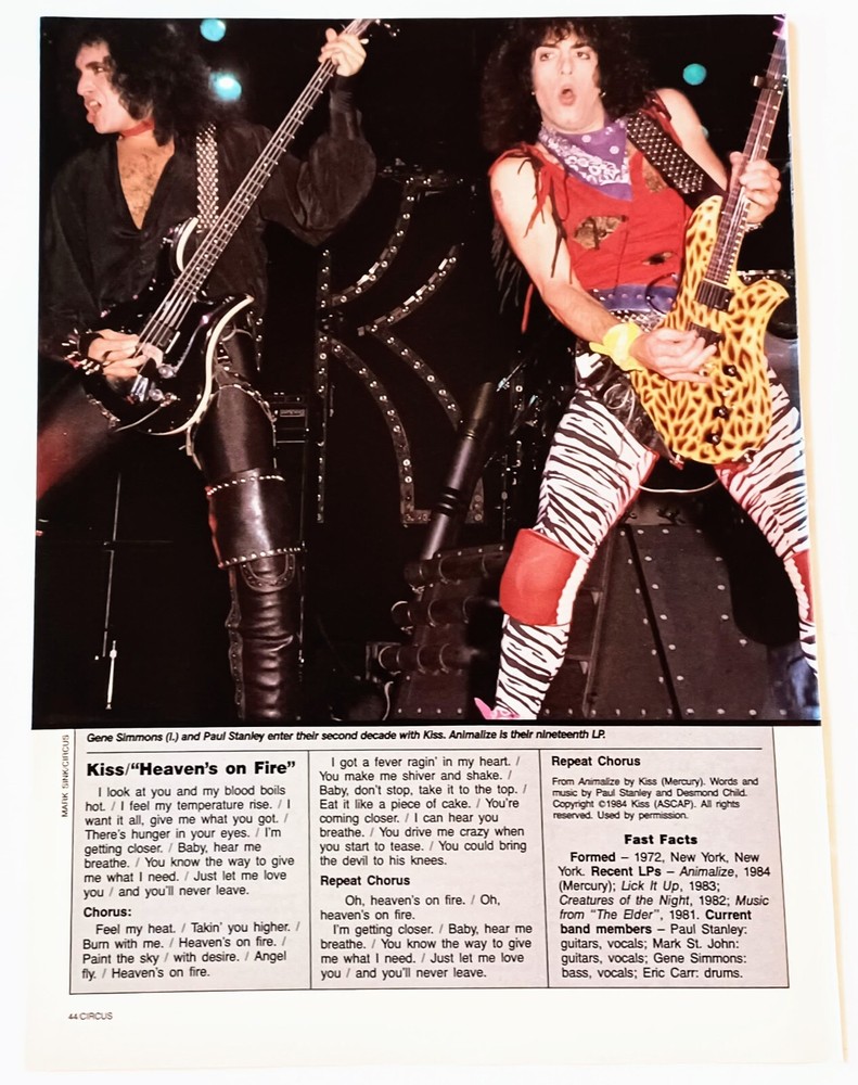 KISS~HEAVEN'S ON FIRE LYRICS~1984 POSTER PINUP CLIPPING~PAUL STANLEY/GENE SIMMON