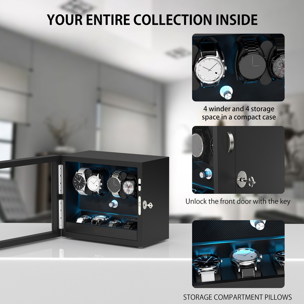 New Automatic 4 Watch Winder 4 Extra Storage Display Watch Box Blue LED Gift