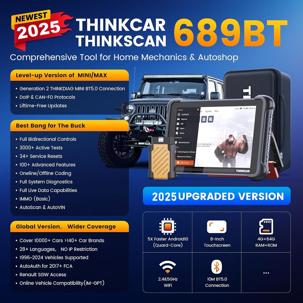 ThinkScan 689BT Car Diagnostic Tool Bidirectional OBD2 TPMS Scanner 34+ Services