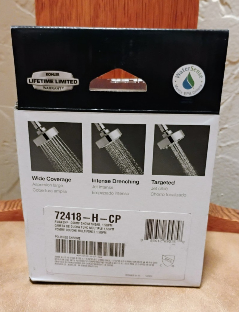 AWAKEN Kohler SHOWER HEAD G90 polished chrome 3 function lifetime warranty