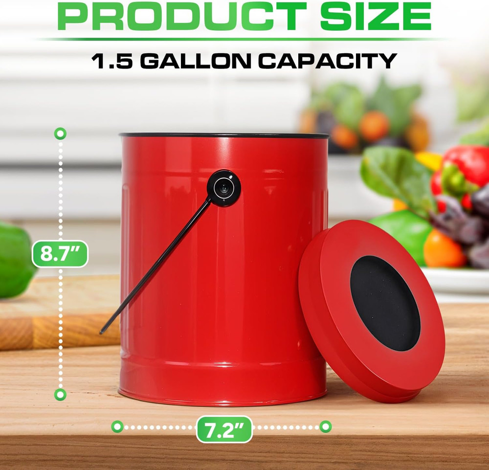 Plexon Countertop Compost Bin Kitchen with Lid, Red 1.5 Gallon Odorless Compost