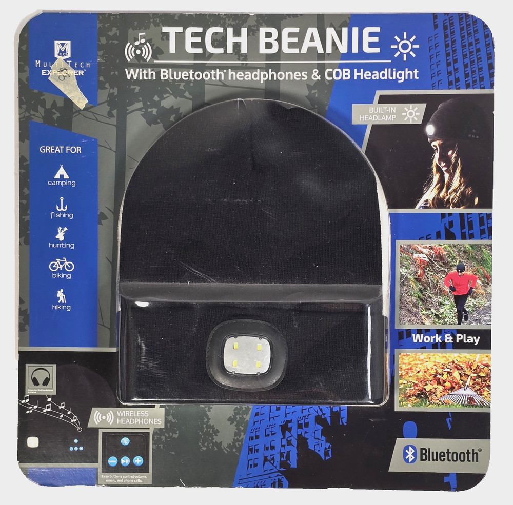 Tech Beanie With Bluetooth Headphones & COB Headlight Multitech Explorer, New