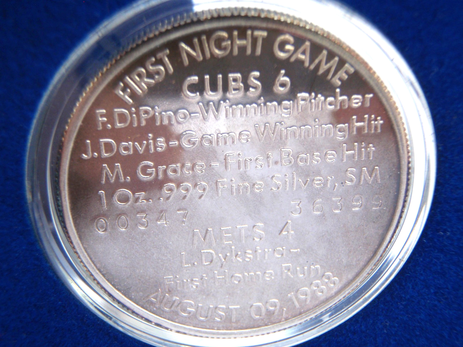 VTG:1st NIGHT GAME@ WRIGLEY FIELD CHICAGO CUBS 1 oz .999 SILVER COIN-AUG 9, 1988