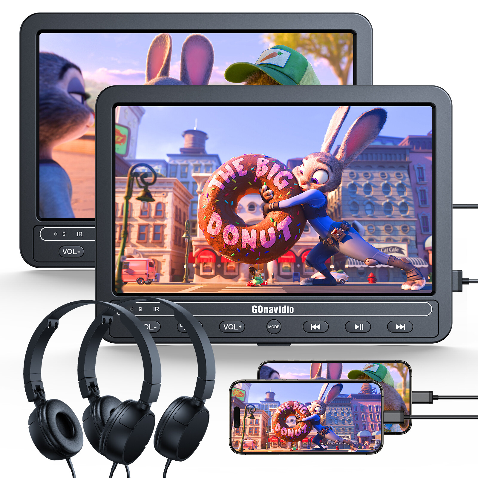 2X10.5" Car Headrest DVD Player TV for Kids Sync Screen HDMI SD USB +Headphones