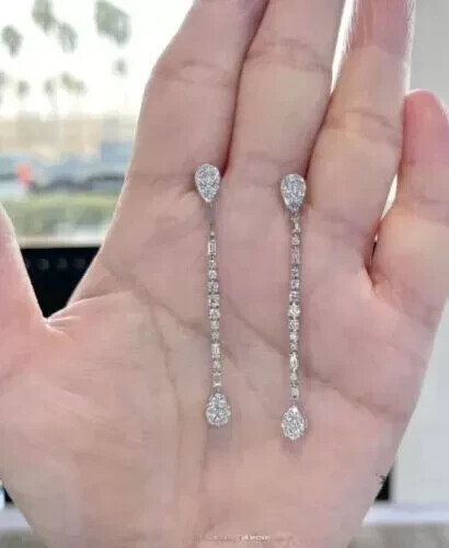 2Ct Lab Created Diamond Long Drop Dangle Earrings 14K White Gold Plated Silver