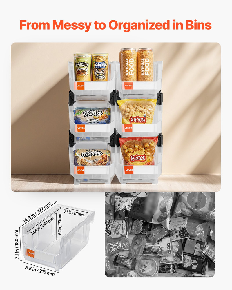VEVOR 6-Pack Stackable Bins | 14.8" Clear Storage Containers | Organize