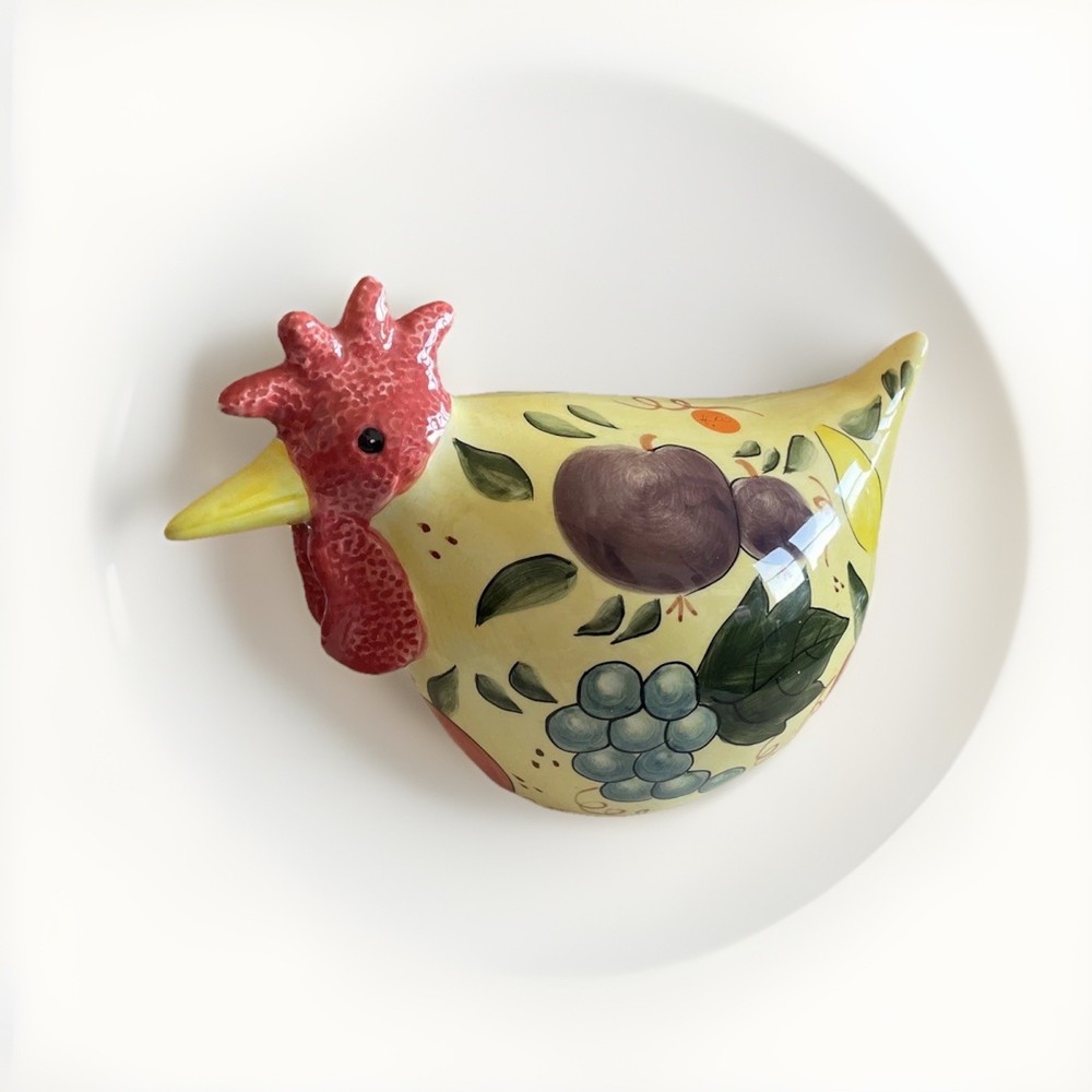 CBK LTD Hand Painted Ceramic Rooster With Fruit Design Yellow & Multicolor 1998
