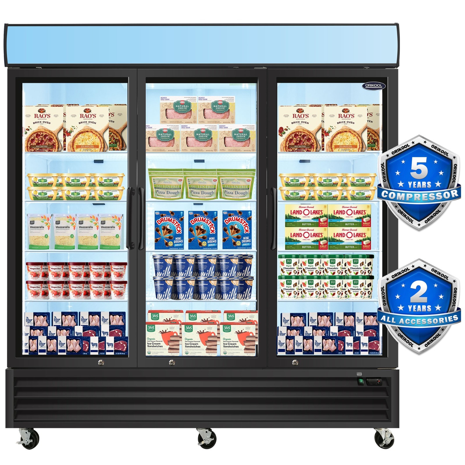 Commercial Glass Door Freezer Reach in Display Merchandiser 3 Section Restaurant