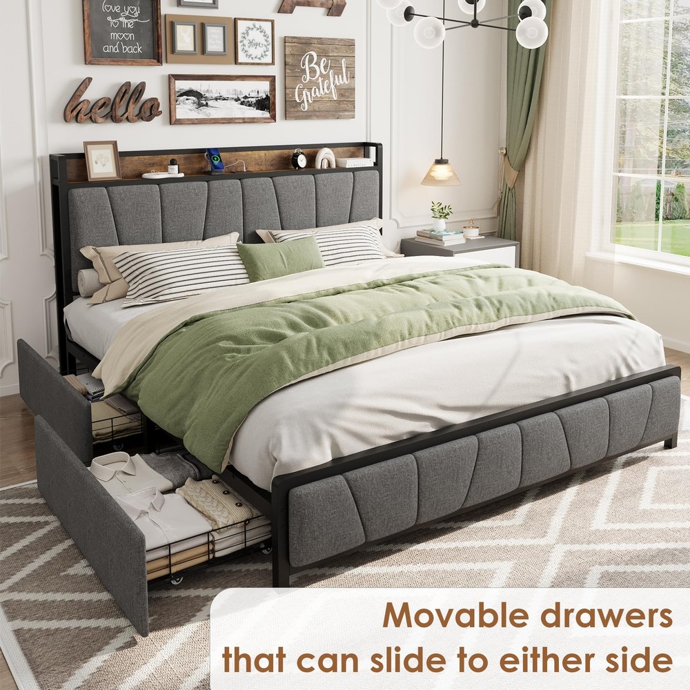 King/Queen/Full/Twin Size Bed Frame ,Upholstered Platform Bed w/Charging Station