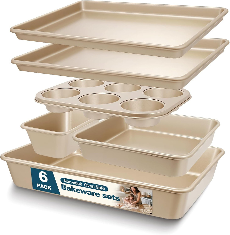 Baking Pans Set, Nonstick Stackable Bakeware Sets, Oven Pans for Cooking, 6 Pie