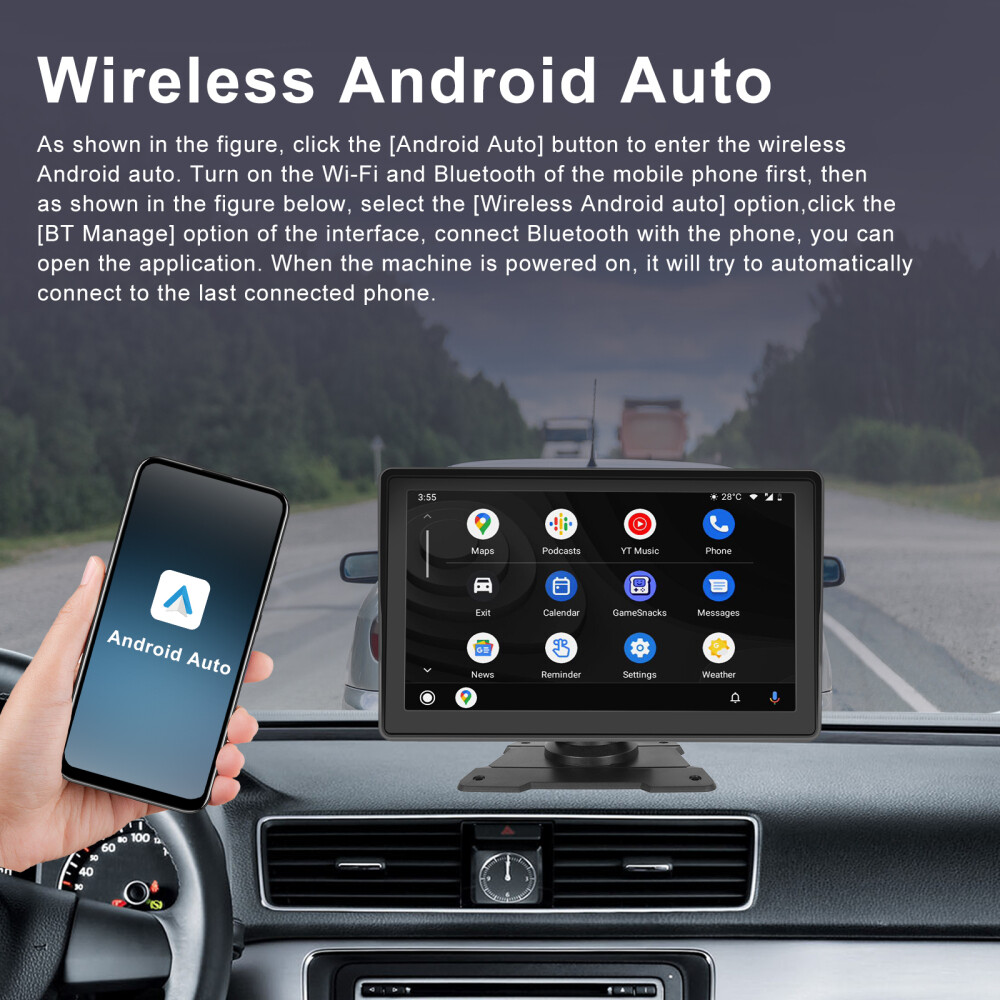 7'' Portable Wireless Apple CarPlay Android Auto Touch Screen Car Radio Stereo
