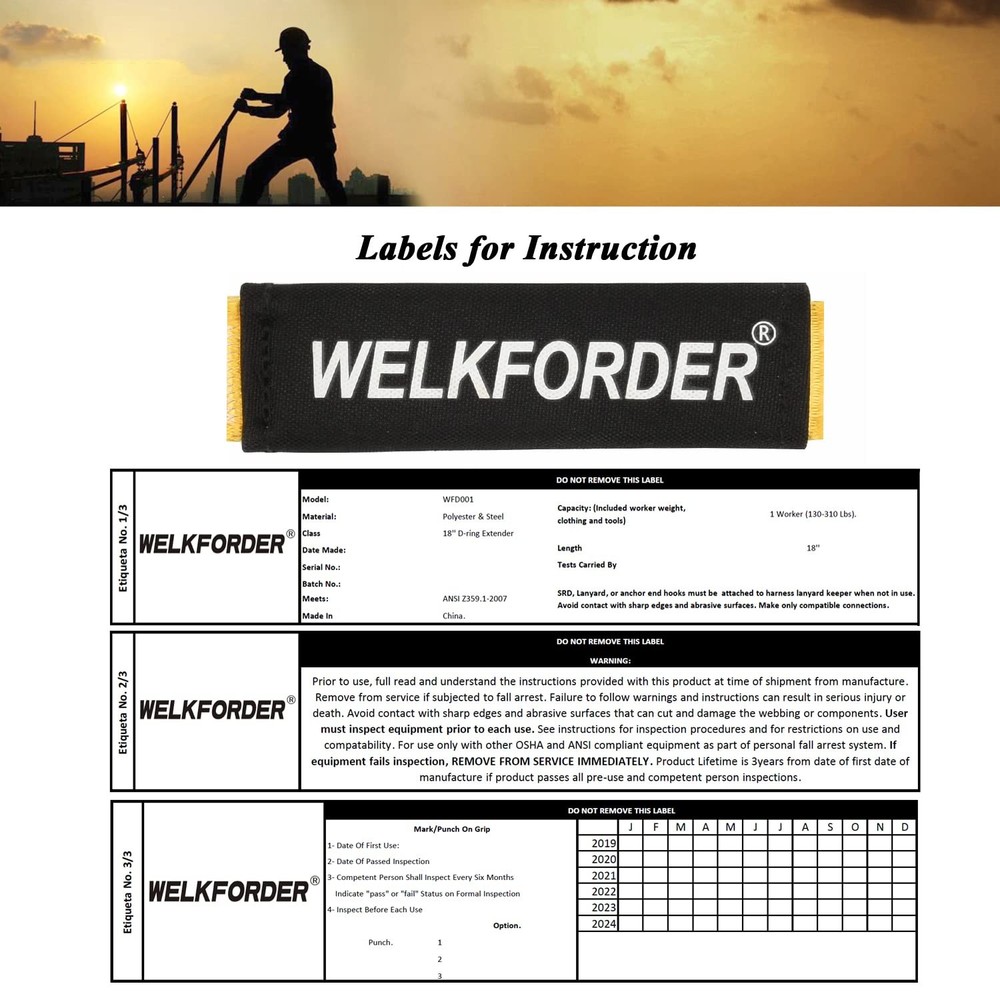 WELKFORDER 18-Inch D-Ring Extender Fall Protection with Snap Hook 18"