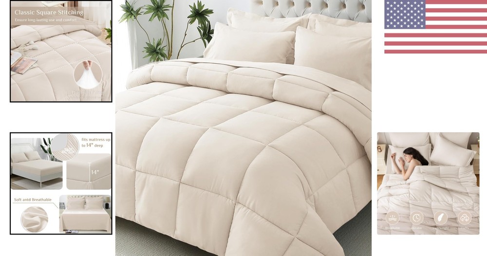 Complete Queen Bedding Set - Ultra-Soft Comforter, Sheets & Pillowcases in Beige