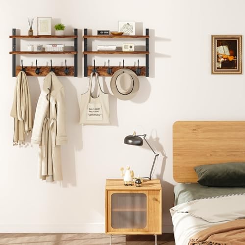 Coat Rack Wall Mount with Shelf, Two-Tier Wall Shelf Mounted with Rustic Brown