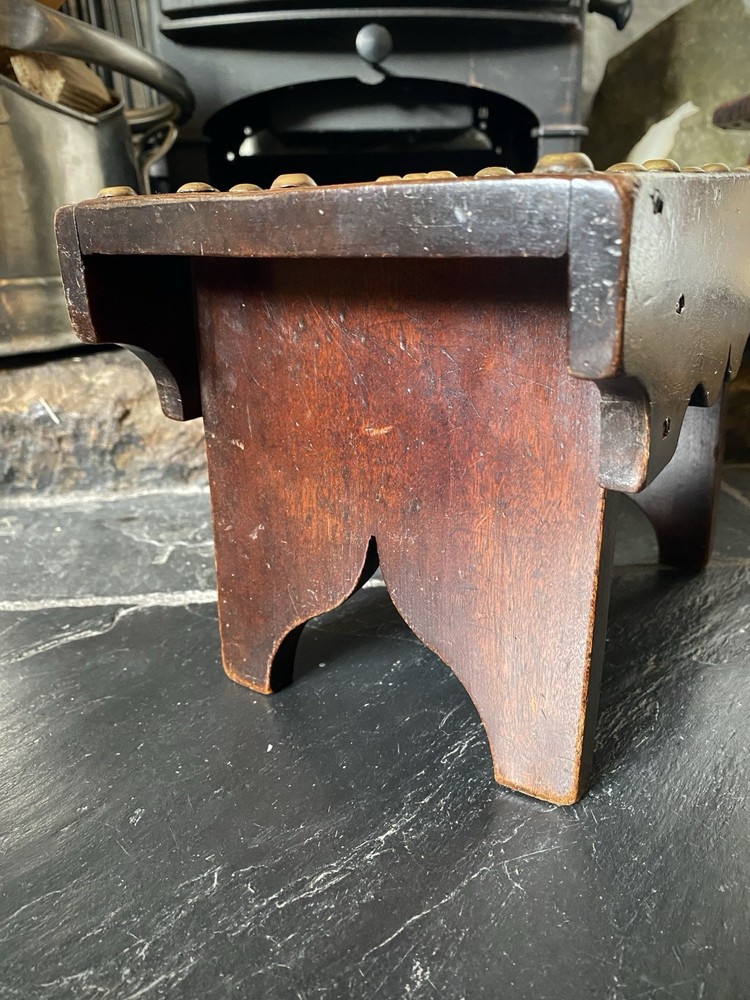 Unusual Antique 19th C. Solid Mahogany Stool With Brass Studs & Initials ‘R.V’