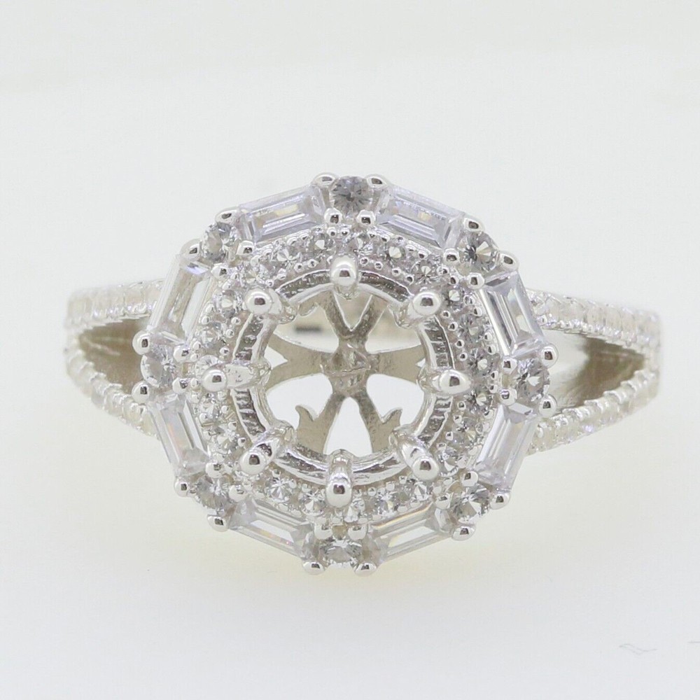 Sterling Silver Semi Mount Ring Setting RD 8x8mm W/ White Topaz Split Shank