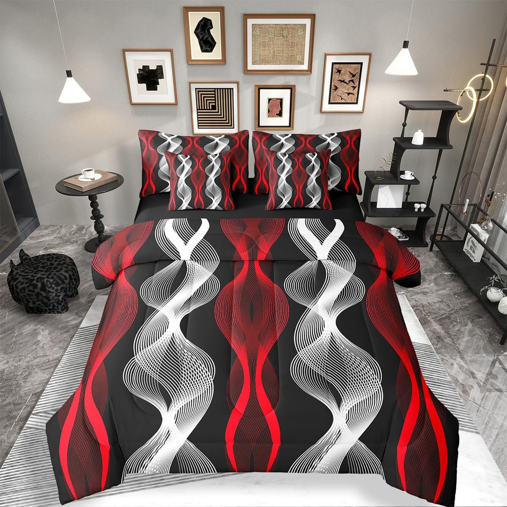 7 Pieces Geometric Comforter Sets Queen Size,Red Silver Bedding Set Striped Wave