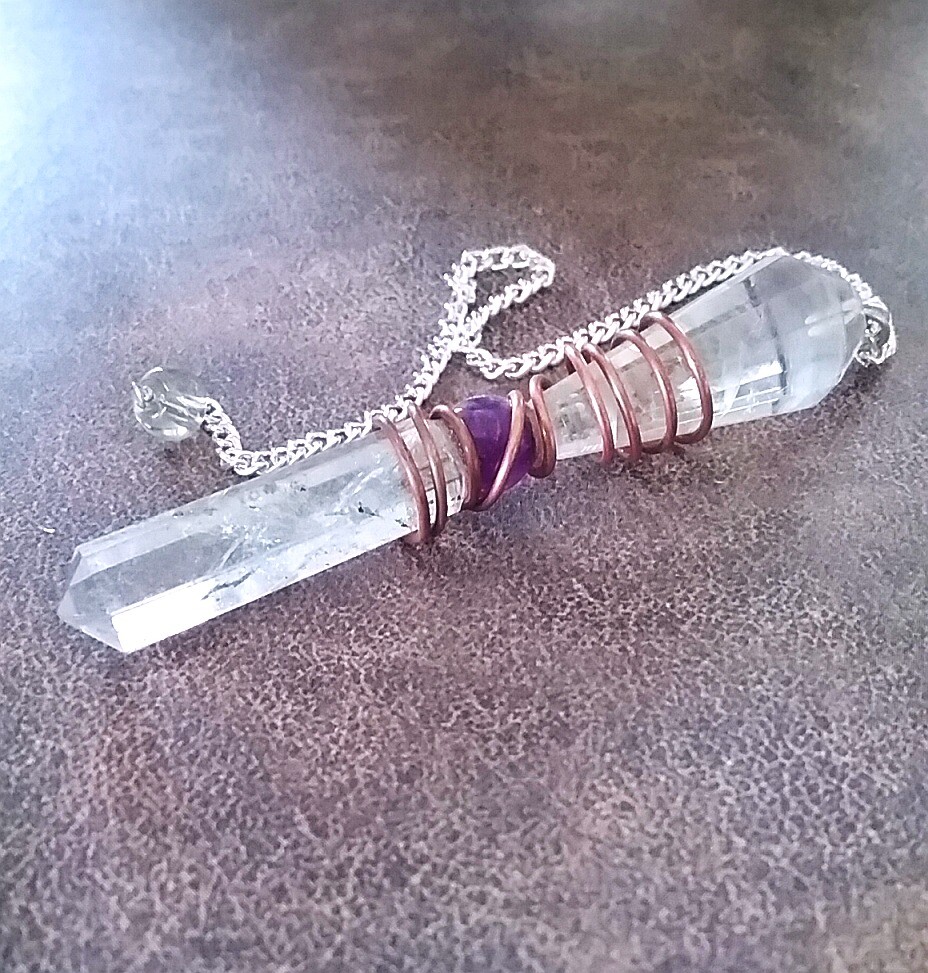 CRYSTAL QUARTZ Dowsing PENDULUM, Double Crystal Pendulum With Amethyst & Copper