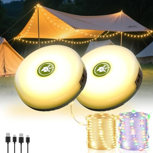 Camping String Lights, 4-in-1 Quick Storage Camp Light, 8Mode 32.8FT 2Pack