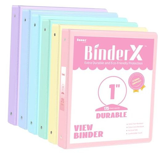 6 Pack Extra Durable 3 Ring Binders 1 inch,  1” Three Round Ring Binders with