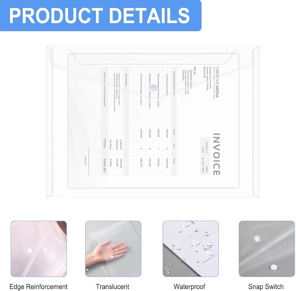 100 Pack Plastic Envelopes A4 Letter Size Plastic Envelope Clear Document Fol...