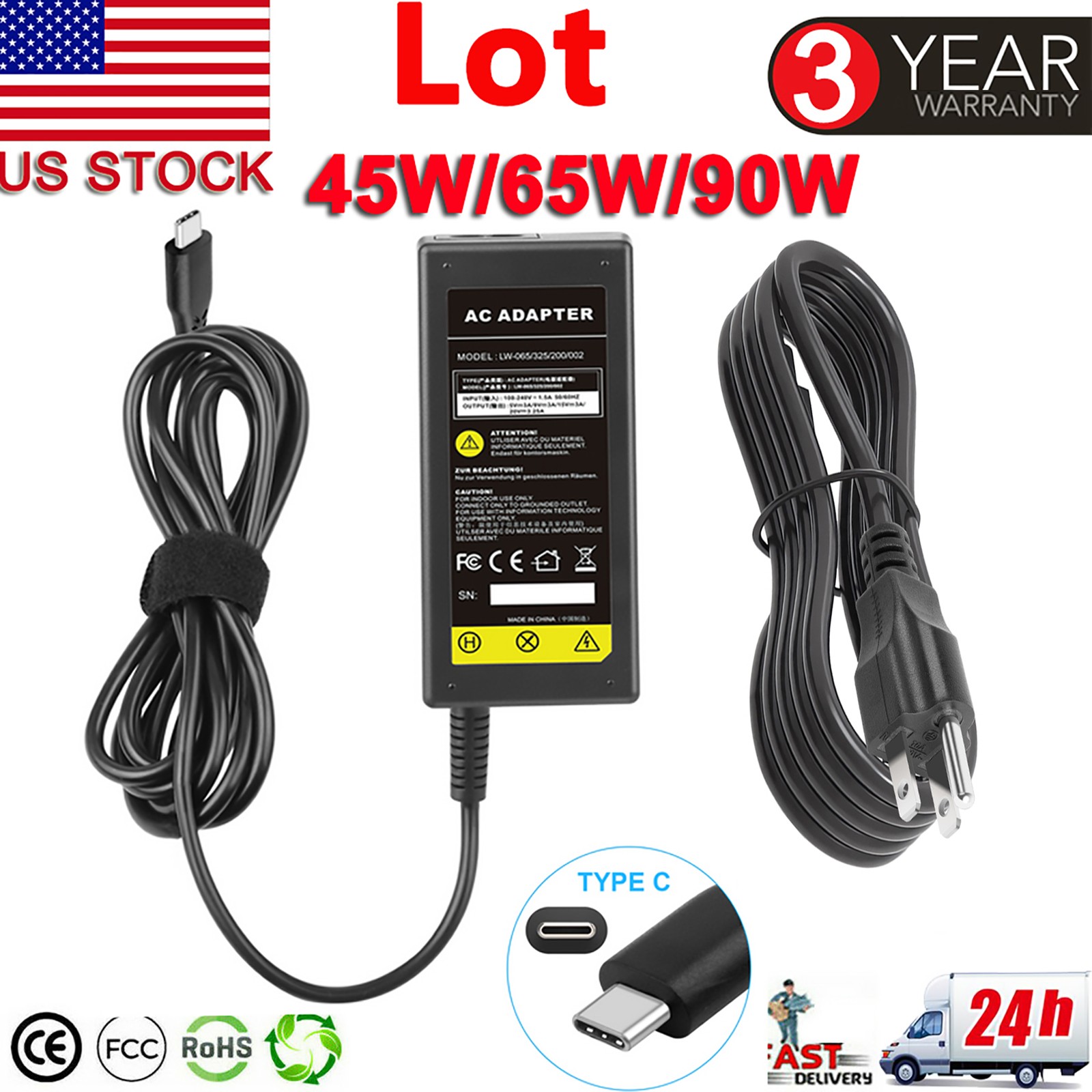 Lot USB C Type C for HP Chromebook Lenovo Acer Asus Samsung Power Laptop Charger