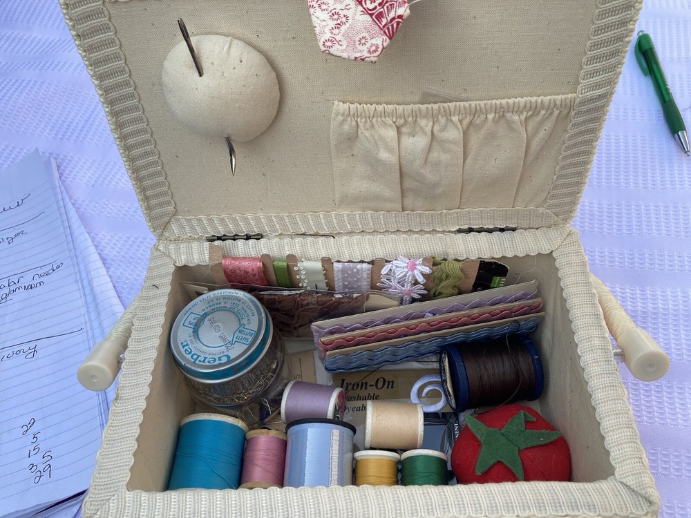 Small Red/Ivory Sewing Box With Some Accessories