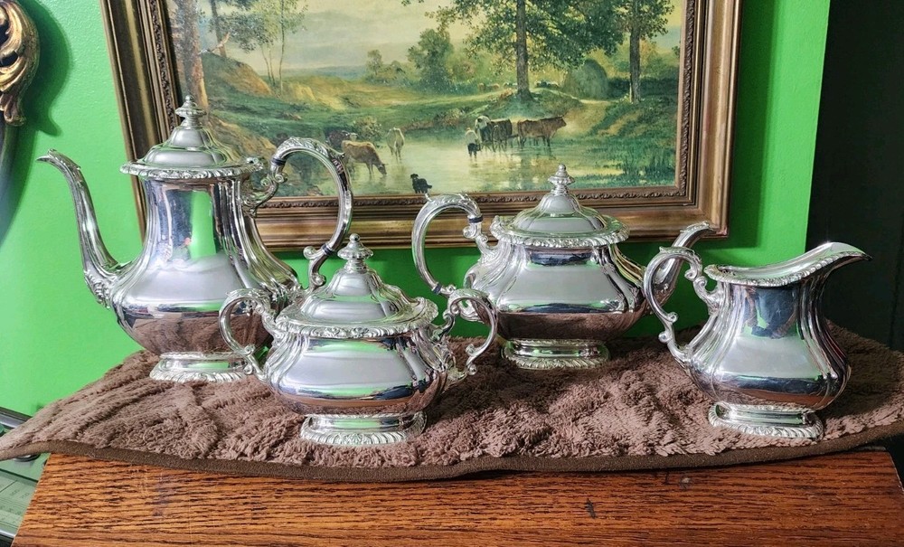 😎NICE! GORHAM ANTIQUE SHELL & GADROON SILVERPLATED 4pc COFFEE & TEA SET☕️🍵🍚🥛