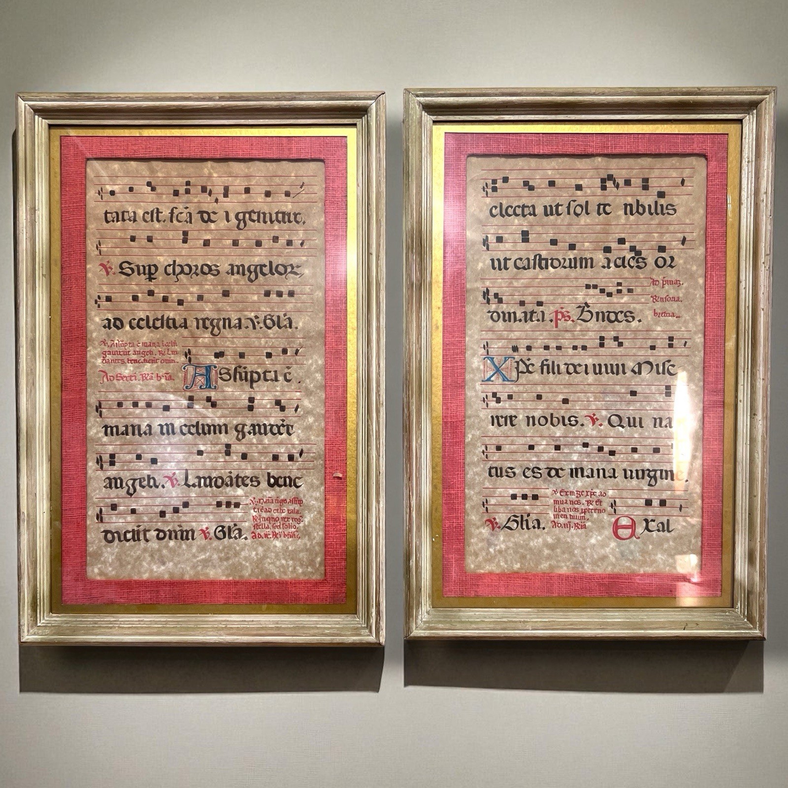 Pair Framed Illuminated Gregorian Chant Music Manuscript Pages Medieval Style