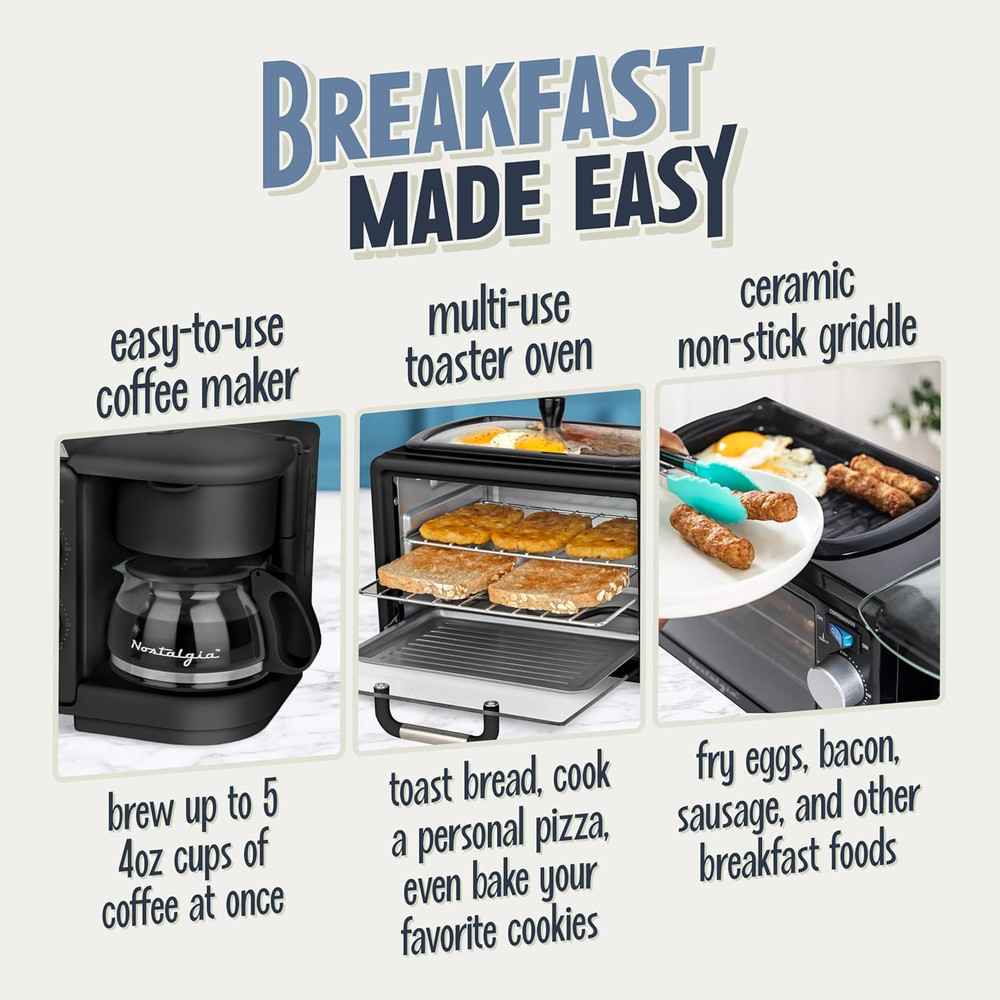 3-In-1 Retro Breakfast Station - Includes 5 Cup Coffee Maker, Non-Stick Ceramic