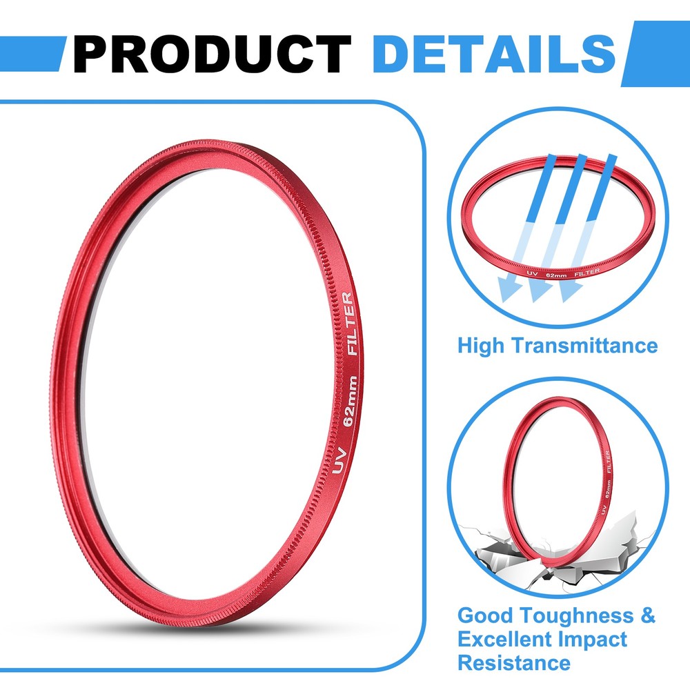 2Pcs 62mm Ultra Slim Lens Filter Multi Coating Camera Len Filter, Red