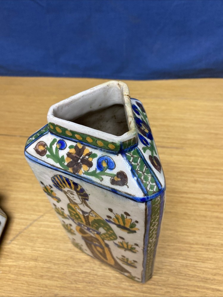 2 Antique Persian Qajar Pottery 9” Triangular 19th Century Vases